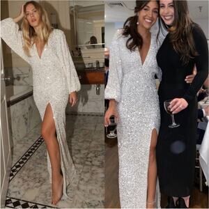 Retrofete Camille Dress Sequin Chiffon Maxi White Embellished Long Sleeve Gown S